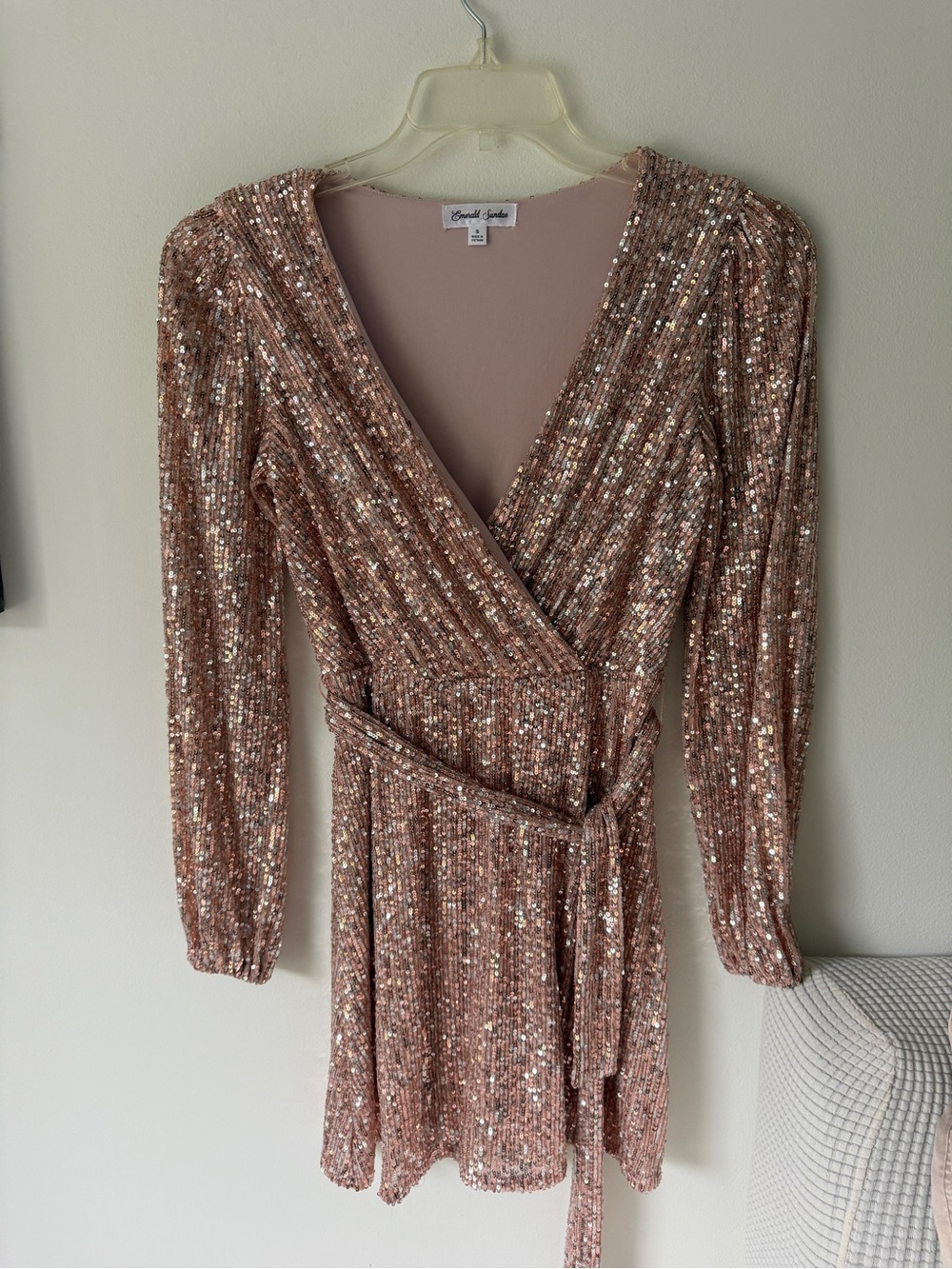 Emerald Sundae Rose Gold Sequin Wrap Mini Dress